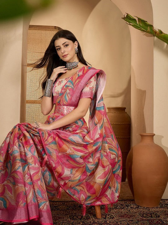Vibrant Artistic Digital Print Linen Cotton Saree