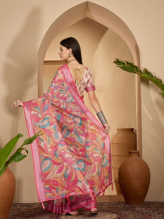 Vibrant Artistic Digital Print Linen Cotton Saree