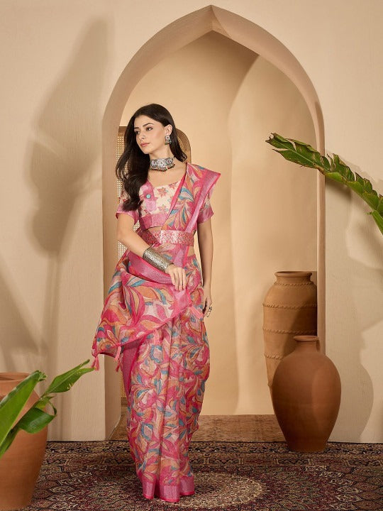 Vibrant Artistic Digital Print Linen Cotton Saree