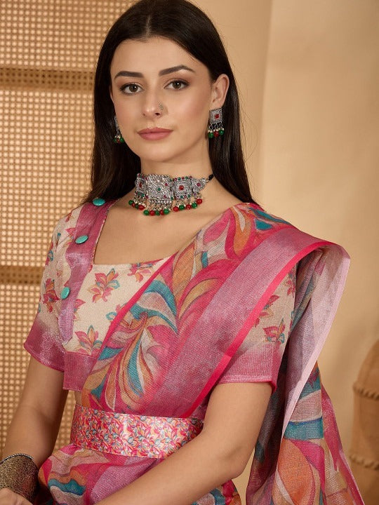 Vibrant Artistic Digital Print Linen Cotton Saree