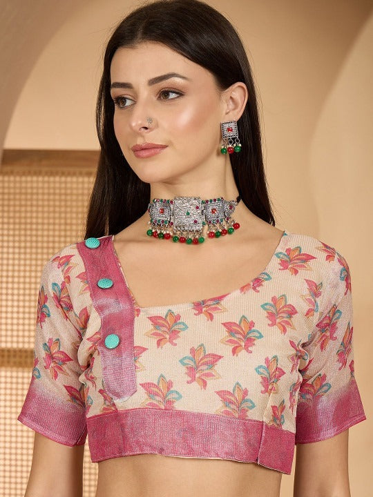 Vibrant Artistic Digital Print Linen Cotton Saree