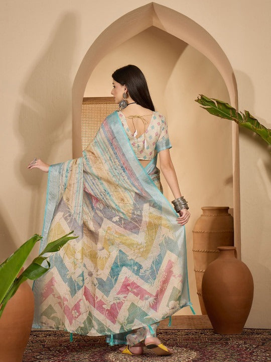 Earthy Abstract Digital Print Linen Cotton Saree