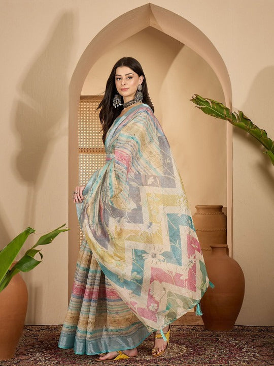 Earthy Abstract Digital Print Linen Cotton Saree