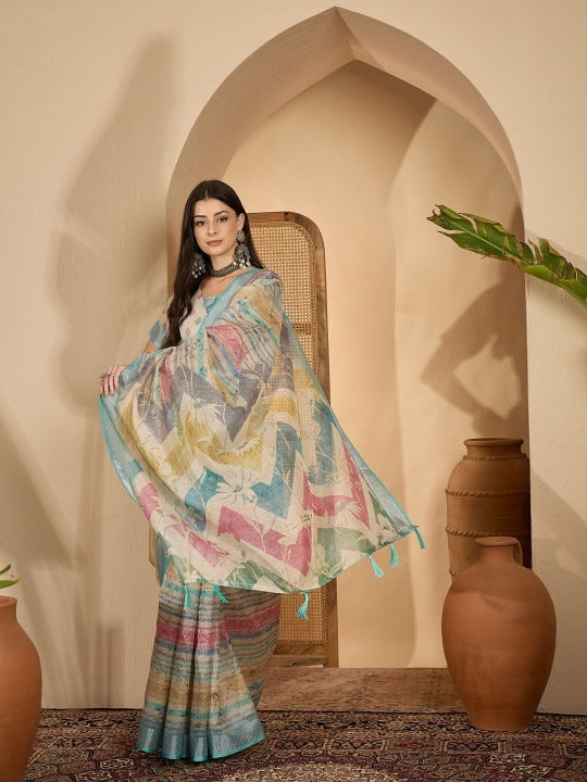 Earthy Abstract Digital Print Linen Cotton Saree