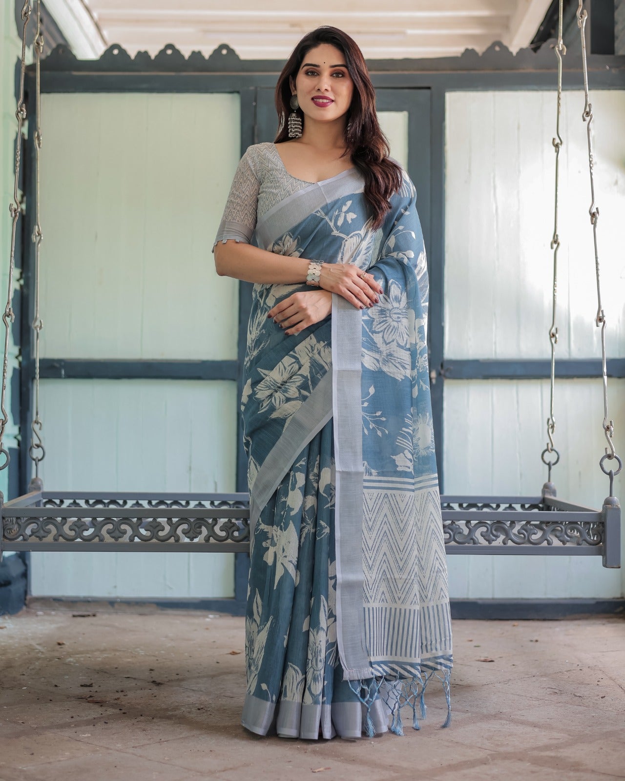 Premium Blue Floral Linen Cotton Saree