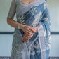 Premium Blue Floral Linen Cotton Saree
