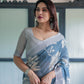Premium Blue Floral Linen Cotton Saree