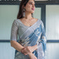 Premium Blue Floral Linen Cotton Saree