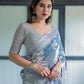 Premium Blue Floral Linen Cotton Saree
