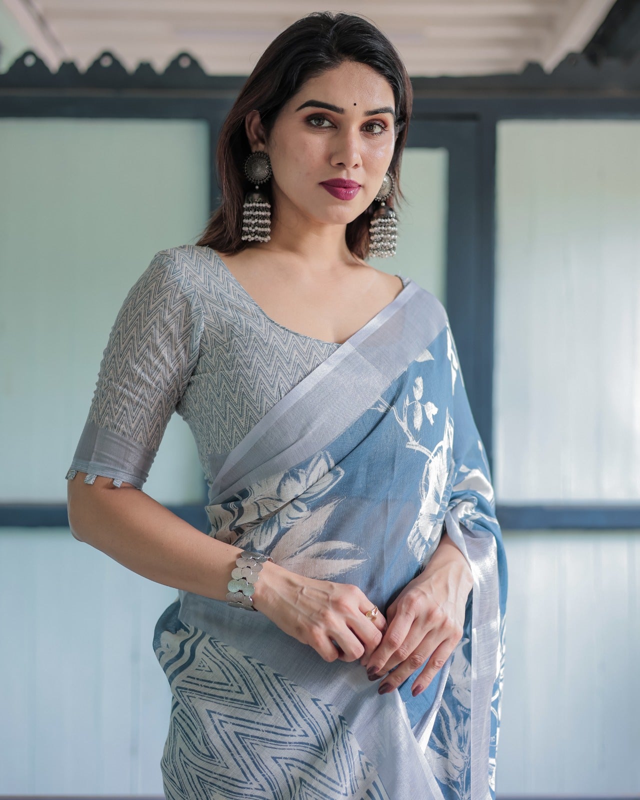 Premium Blue Floral Linen Cotton Saree
