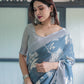 Premium Blue Floral Linen Cotton Saree