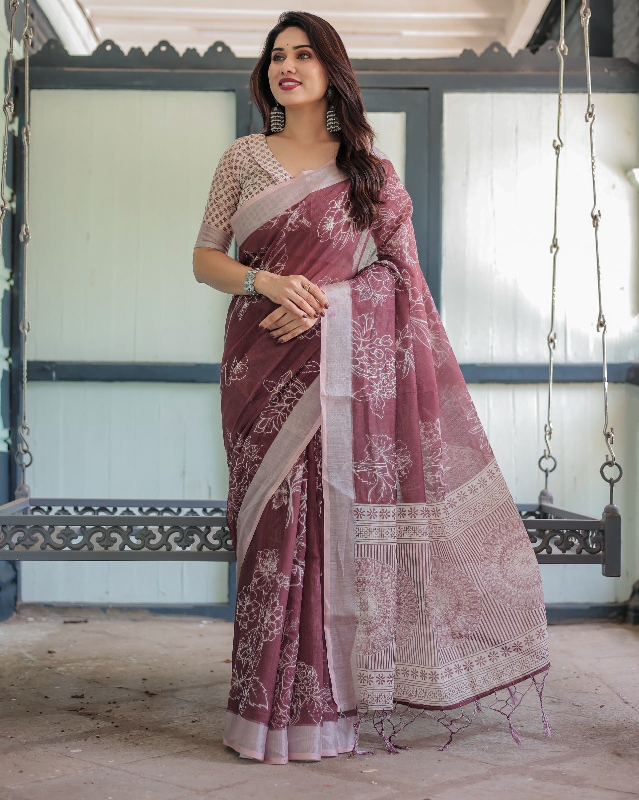 Premium Maroon Floral Linen Cotton Saree