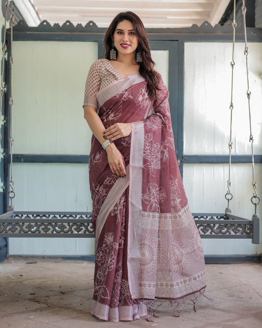 Premium Maroon Floral Linen Cotton Saree