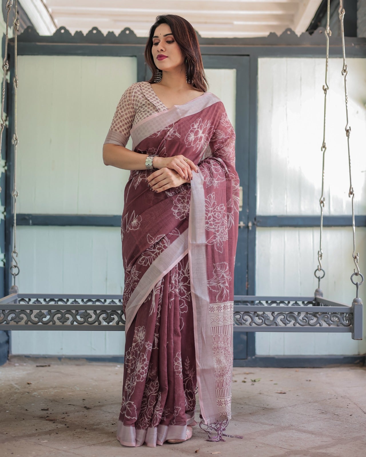 Premium Maroon Floral Linen Cotton Saree