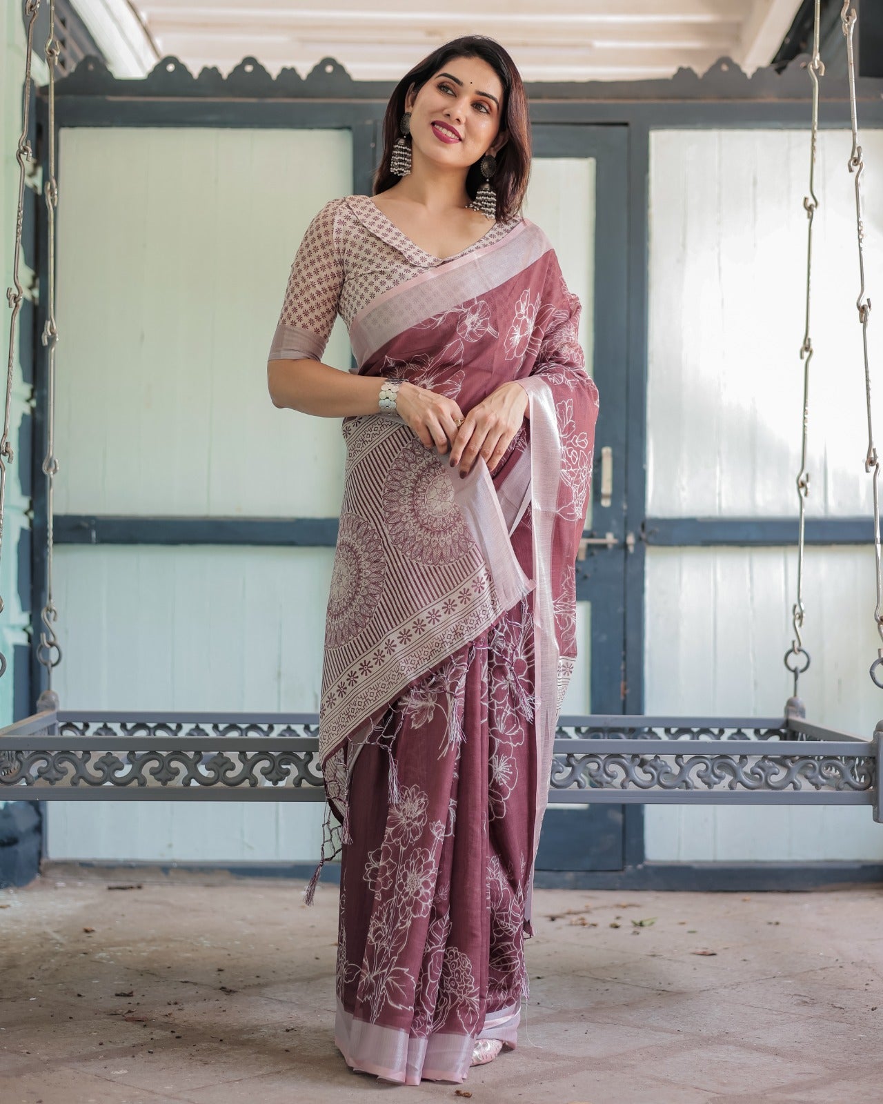 Premium Maroon Floral Linen Cotton Saree