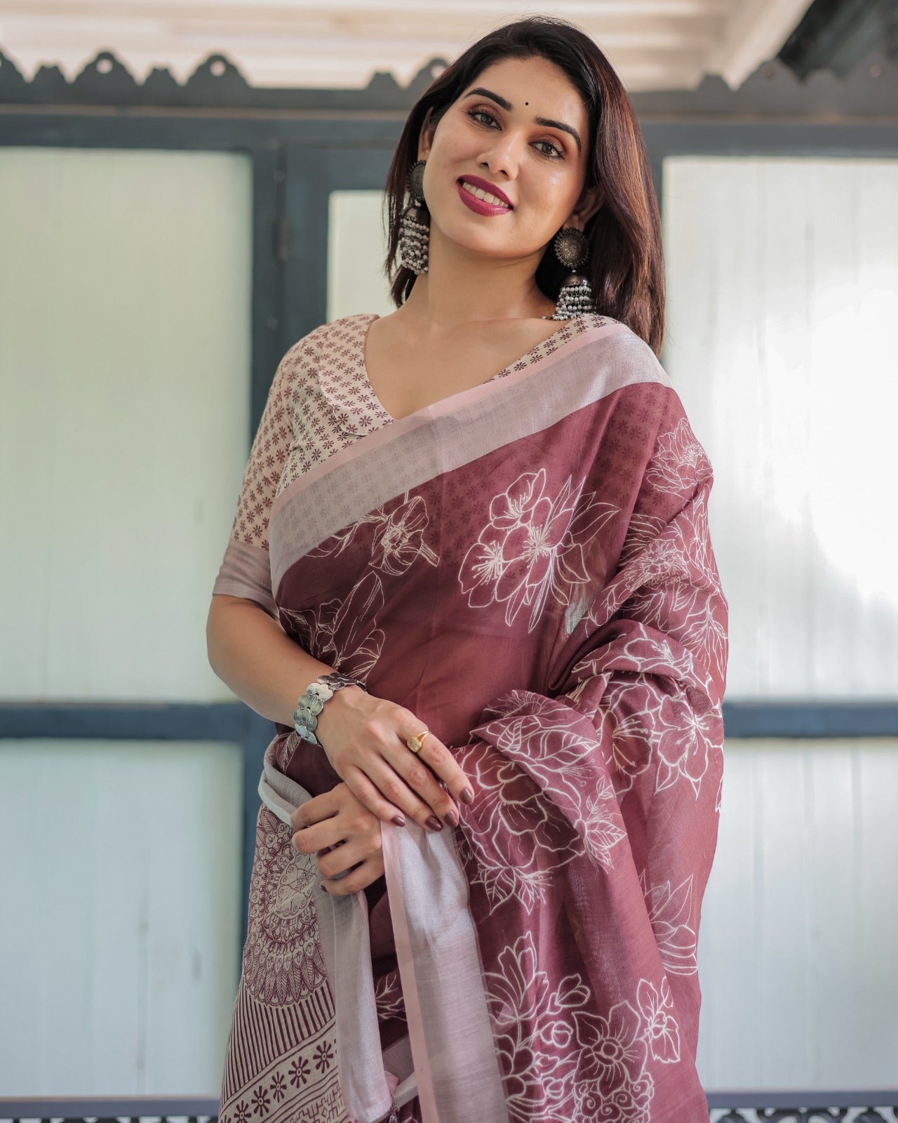 Premium Maroon Floral Linen Cotton Saree