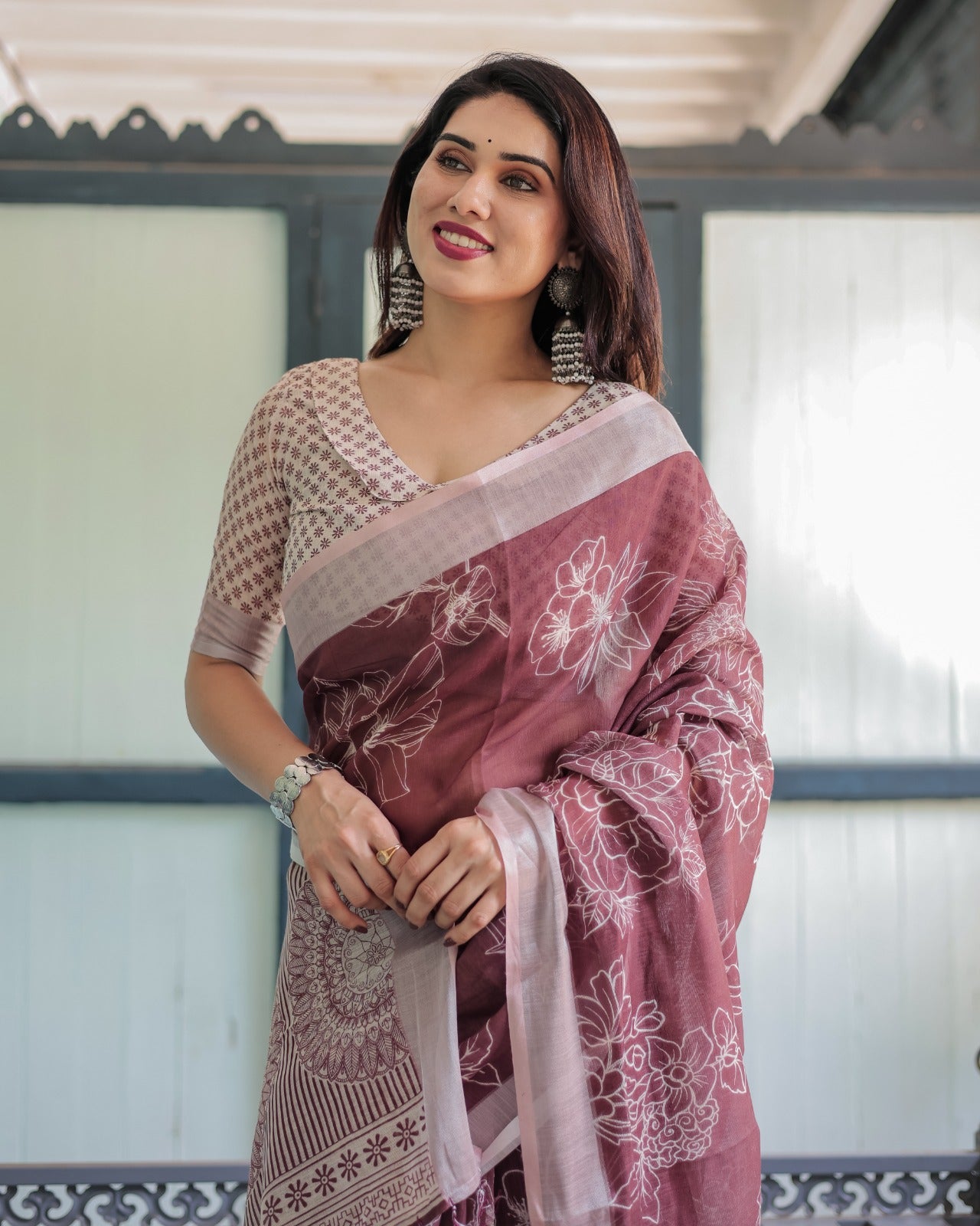 Premium Maroon Floral Linen Cotton Saree