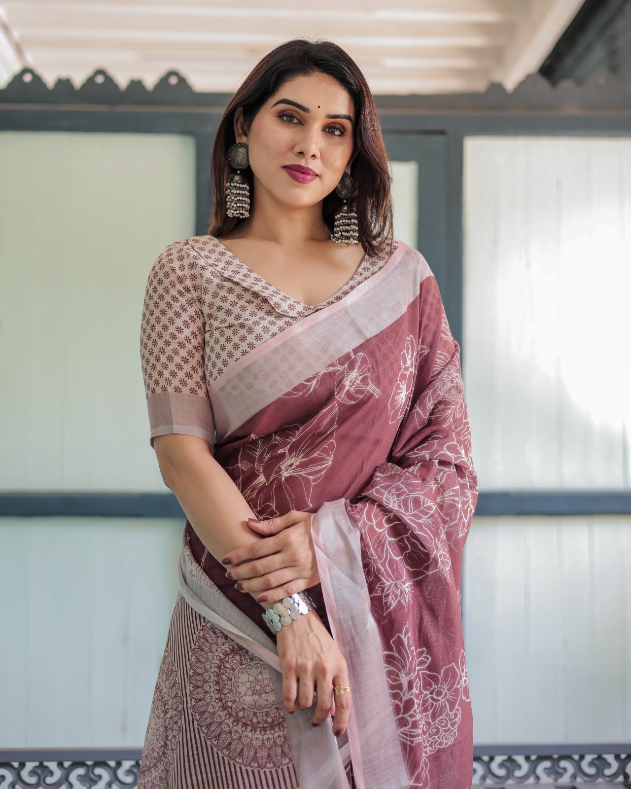 Premium Maroon Floral Linen Cotton Saree