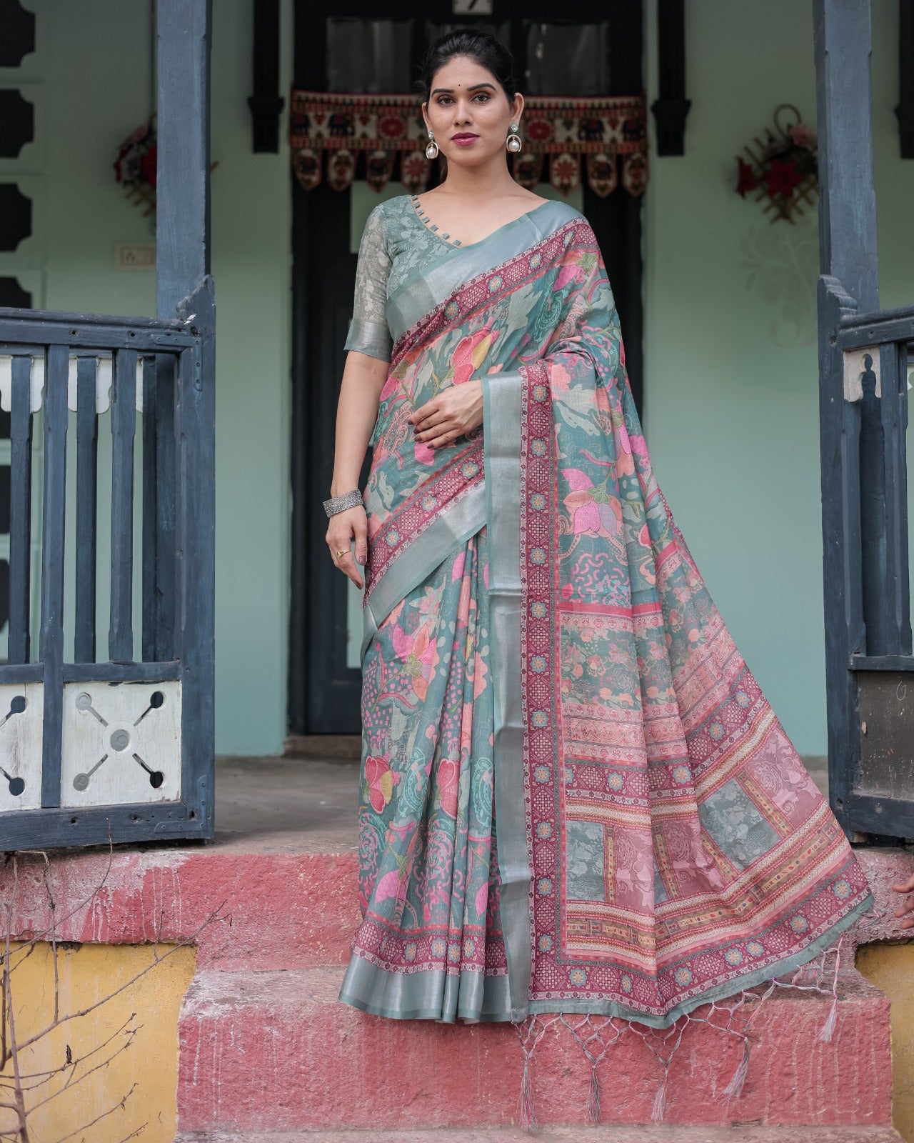 Premium Multi-Color Ethnic Print Linen Cotton Saree