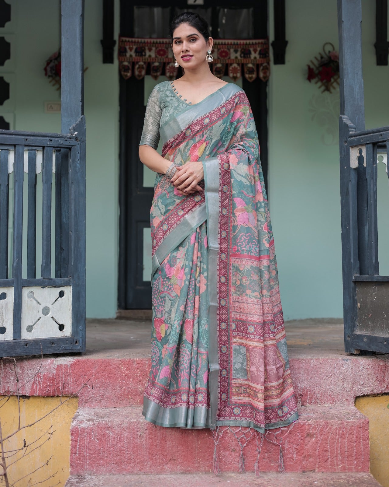 Premium Multi-Color Ethnic Print Linen Cotton Saree