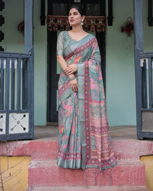 Premium Multi-Color Ethnic Print Linen Cotton Saree