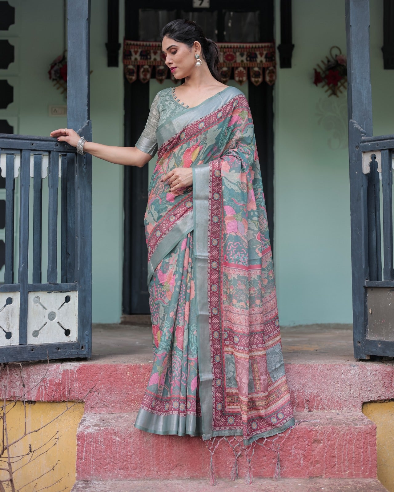 Premium Multi-Color Ethnic Print Linen Cotton Saree