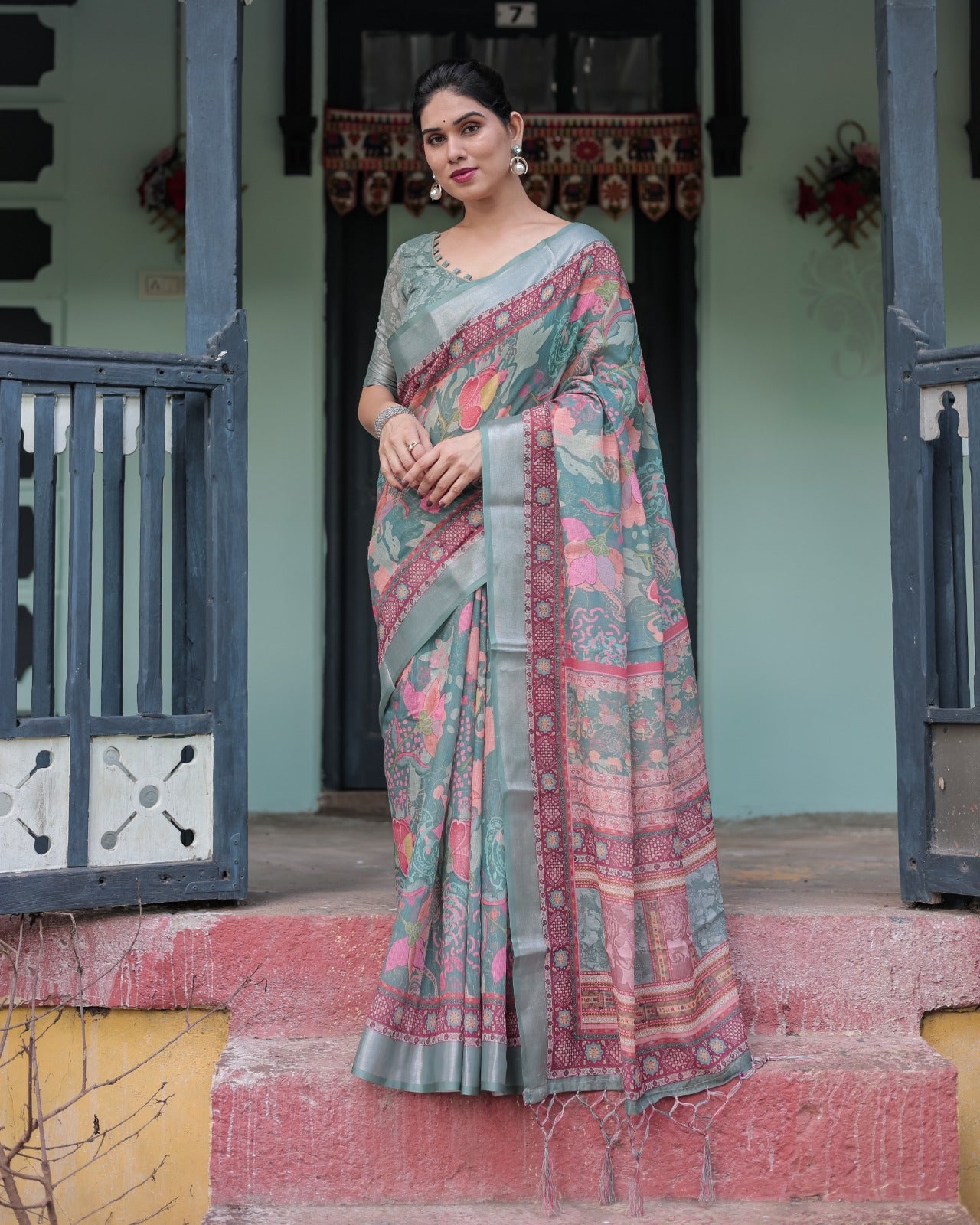 Premium Multi-Color Ethnic Print Linen Cotton Saree