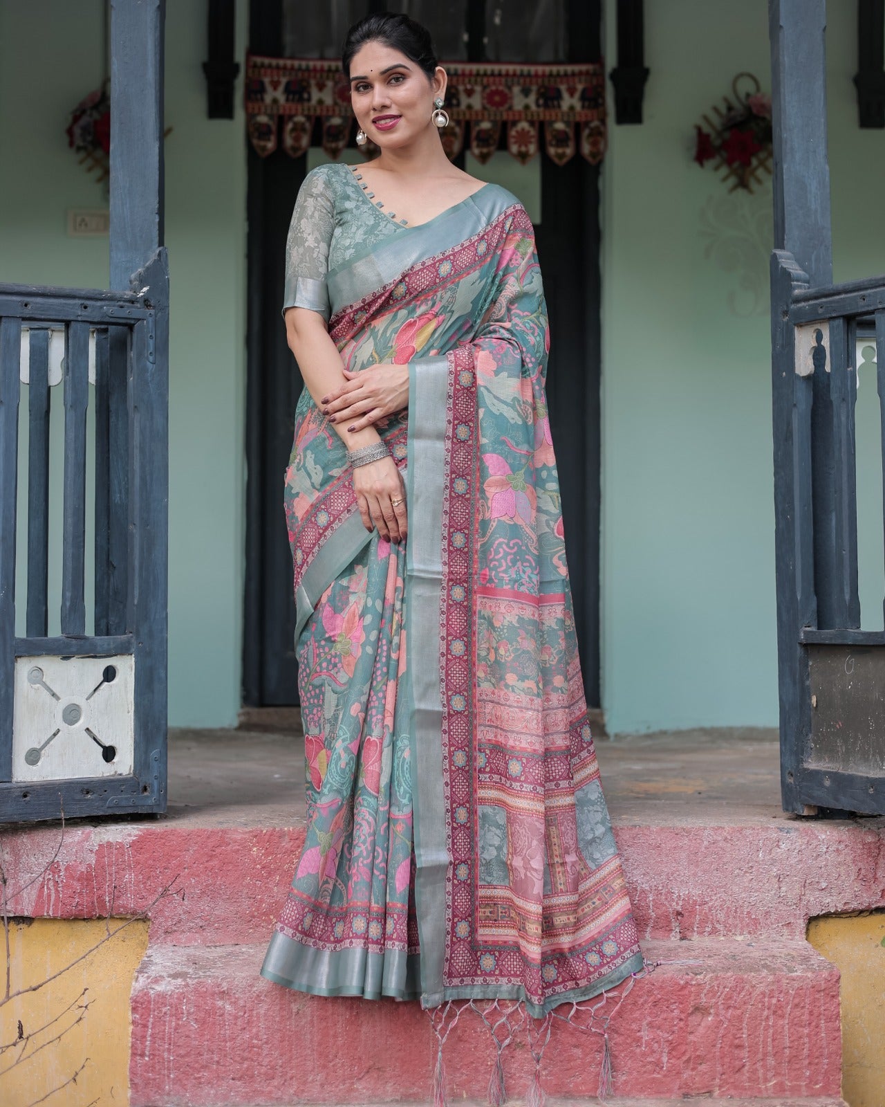 Premium Multi-Color Ethnic Print Linen Cotton Saree