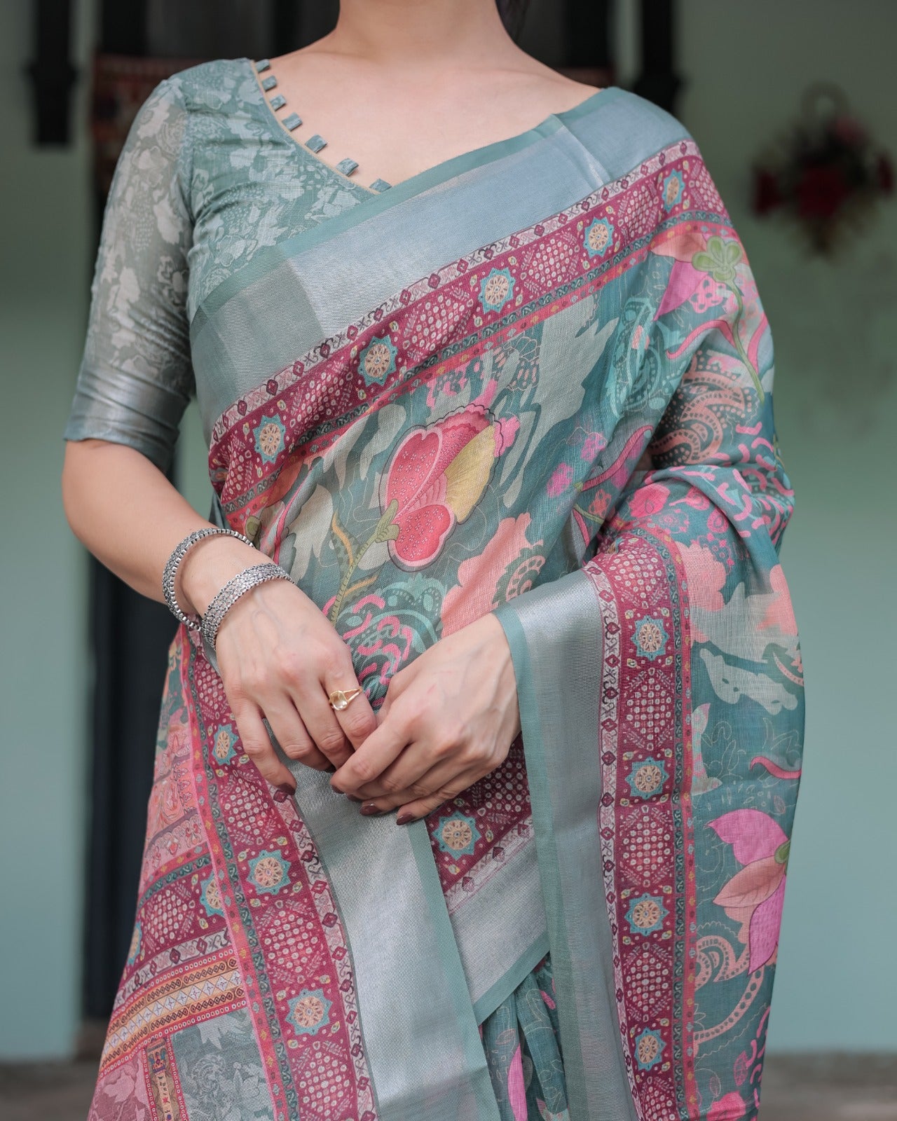 Premium Multi-Color Ethnic Print Linen Cotton Saree
