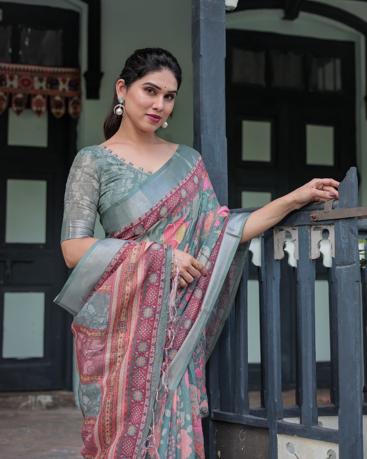 Premium Multi-Color Ethnic Print Linen Cotton Saree