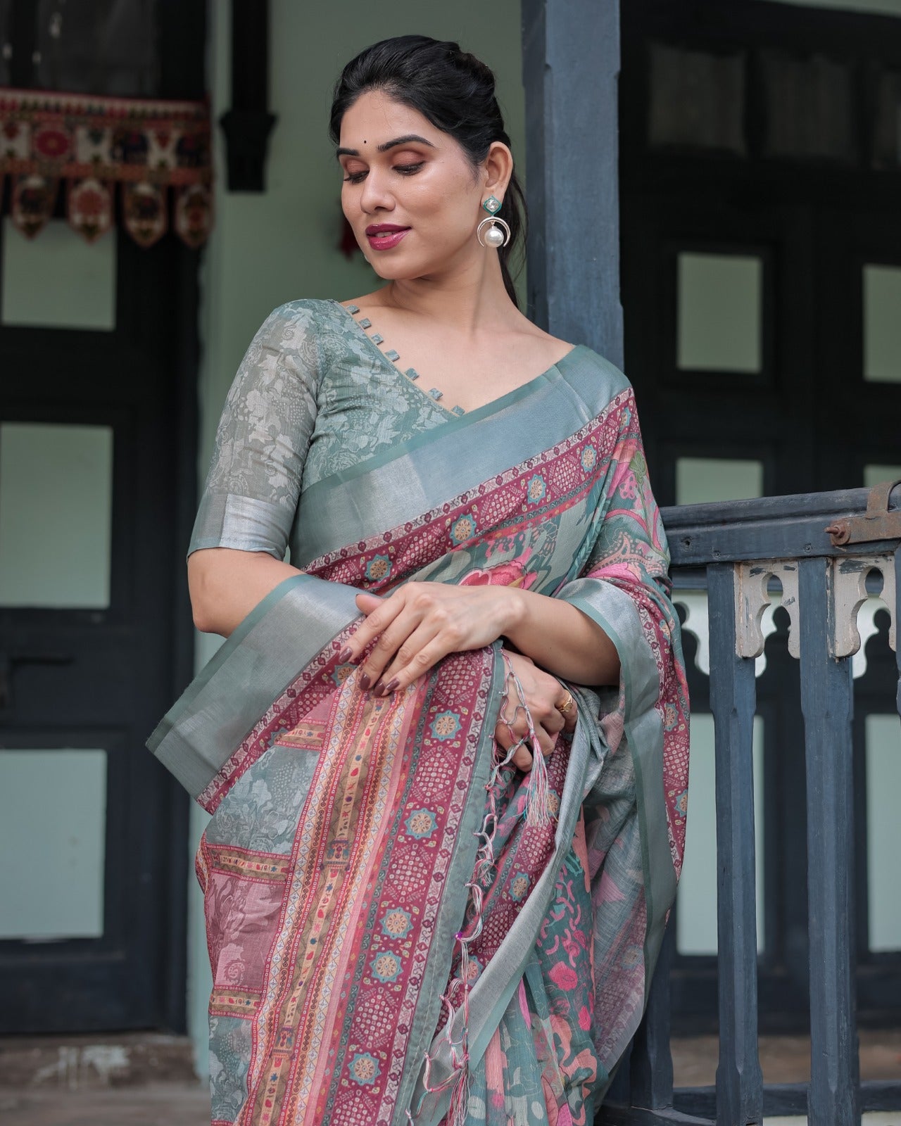 Premium Multi-Color Ethnic Print Linen Cotton Saree