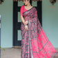 Premium Black & Pink Paisley Print Linen Cotton Saree