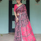Premium Black & Pink Paisley Print Linen Cotton Saree