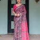 Premium Black & Pink Paisley Print Linen Cotton Saree