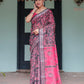 Premium Black & Pink Paisley Print Linen Cotton Saree