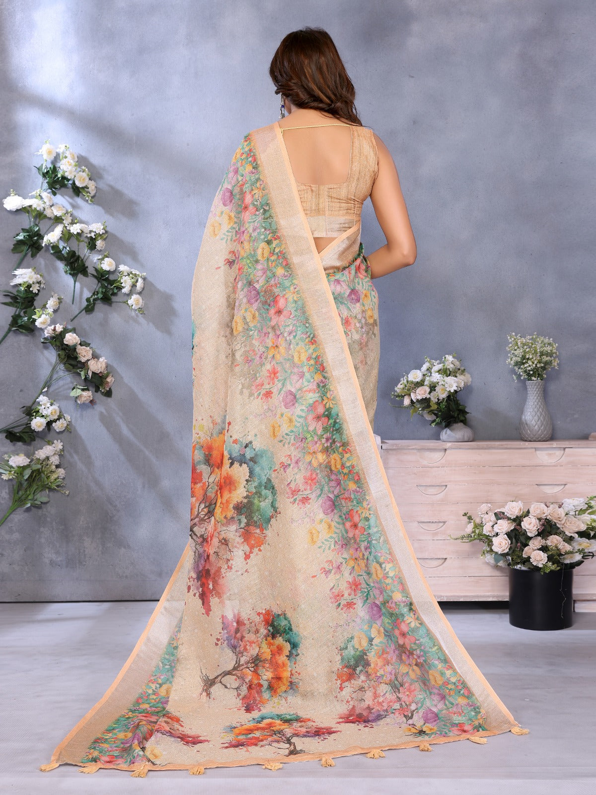 Beige Multicolor Floral Printed Saree