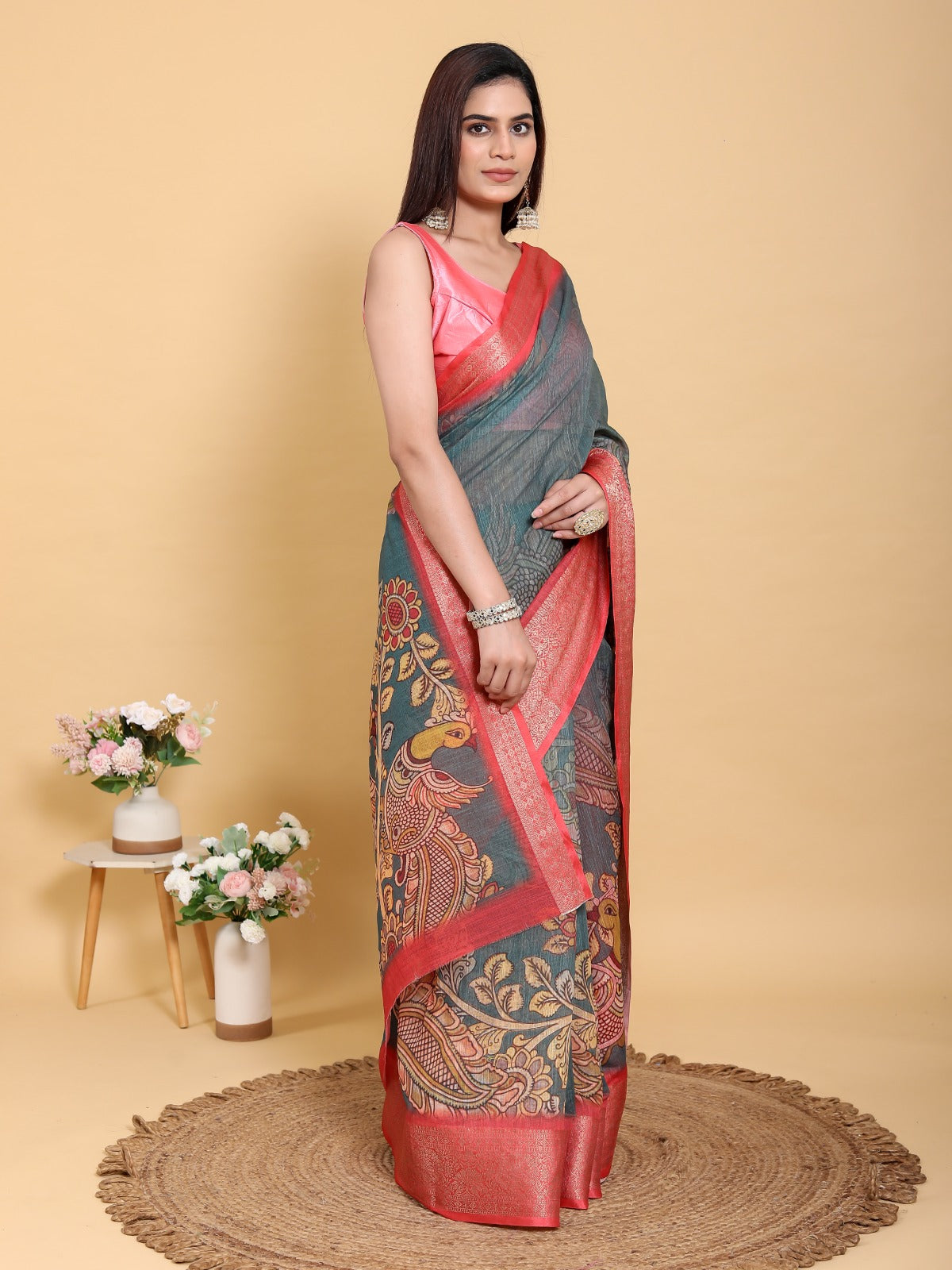 Elegant Peacock & Floral Kalamkari Design Linen Cotton Saree