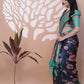 Midnight Blue Soft Silk Saree with Peach Floral Print & Aqua Zari Border